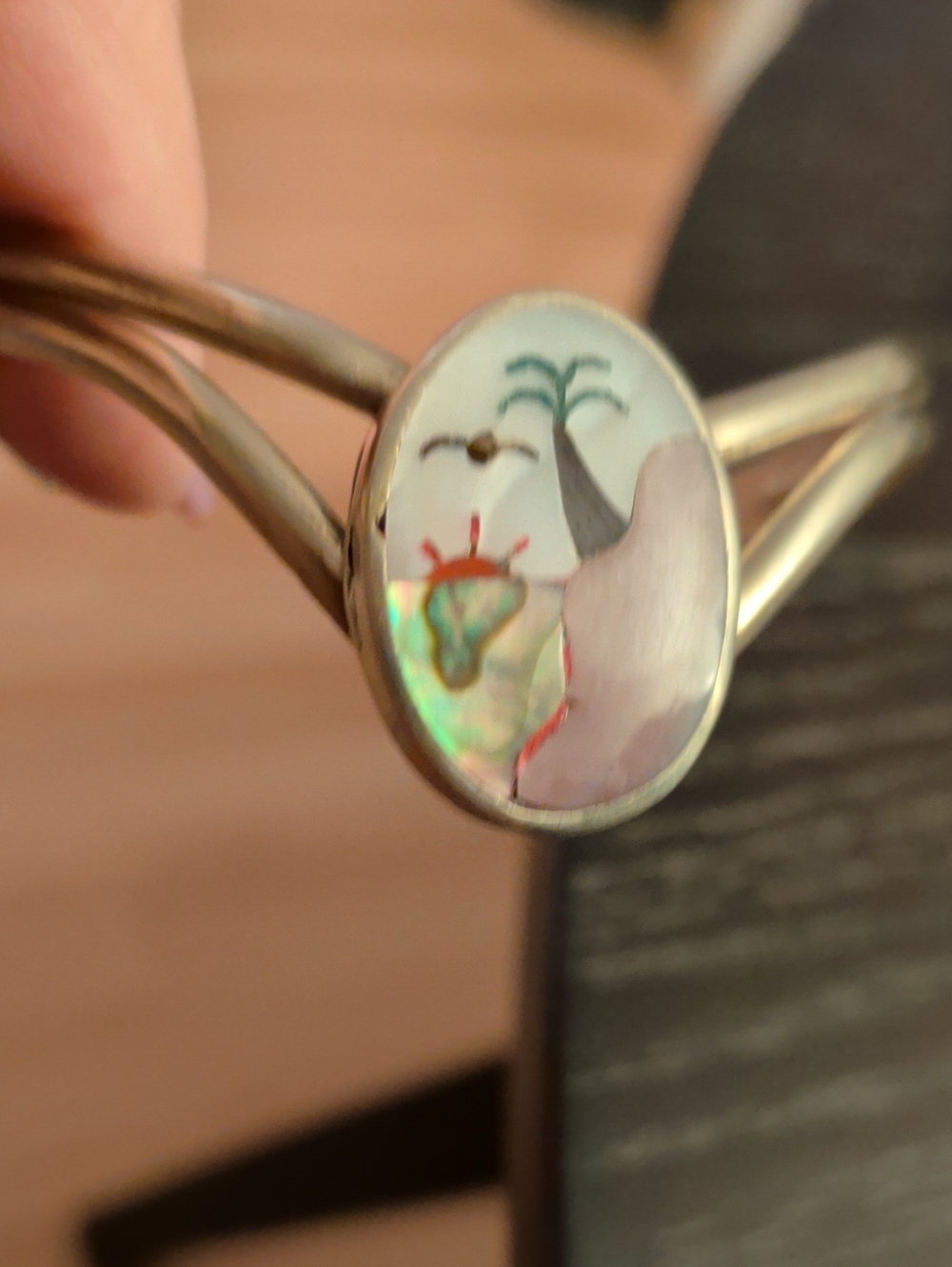 Palm, Bird, Sunrise, Ocean, Small Cuff With Iridescent Abalone, Mother Of Pearl